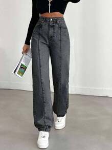 EURMUSE 100%Cotton Solid Color Straight Leg Jeans - Dark Grey - View 4