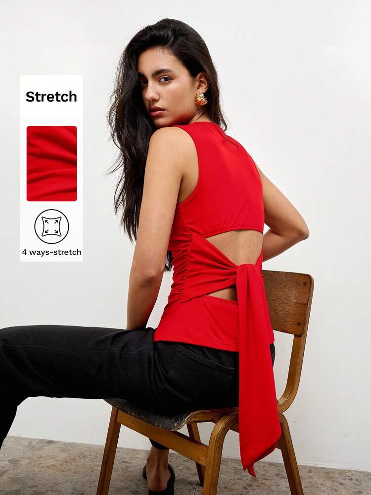 SHEIN Maija Women's Red Backless Bowknot Design Sleeveless Casual Crop Top, Versatile Modern Urban Style, Comfortable Fitted