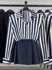 SHEIN LUNE Elegant Commuting Minimalist Casual Women 2pcs Set: Floral Print Blouse With Shirt Collar Long Sleeve Cardigan And Matching Short Skirt Or Pants, Blue & White, Plus Size, Suitable For Spring, Summer, Autumn