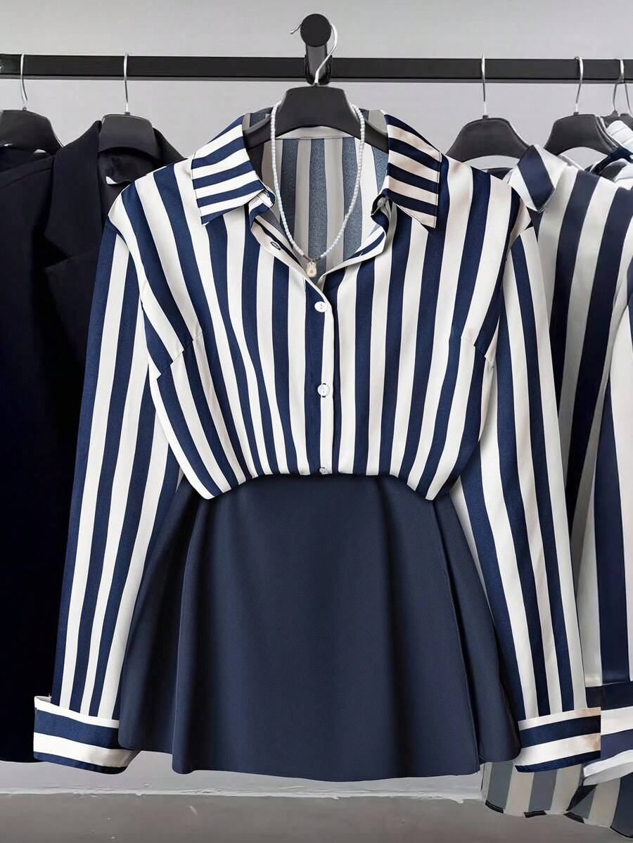 SHEIN LUNE Elegant Commuting Minimalist Casual Women 2pcs Set: Floral Print Blouse With Shirt Collar Long Sleeve Cardigan And Matching Short Skirt Or Pants, Blue & White, Plus Size, Suitable For Spring, Summer, Autumn