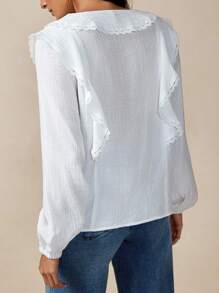 Florisole Women's Romantic Boho Vacation Wavy Collar Patchwork Lace V-Neck Solid Color Blouse, Spring/Summer All White Casual Spring Fall For Women - White - View 5