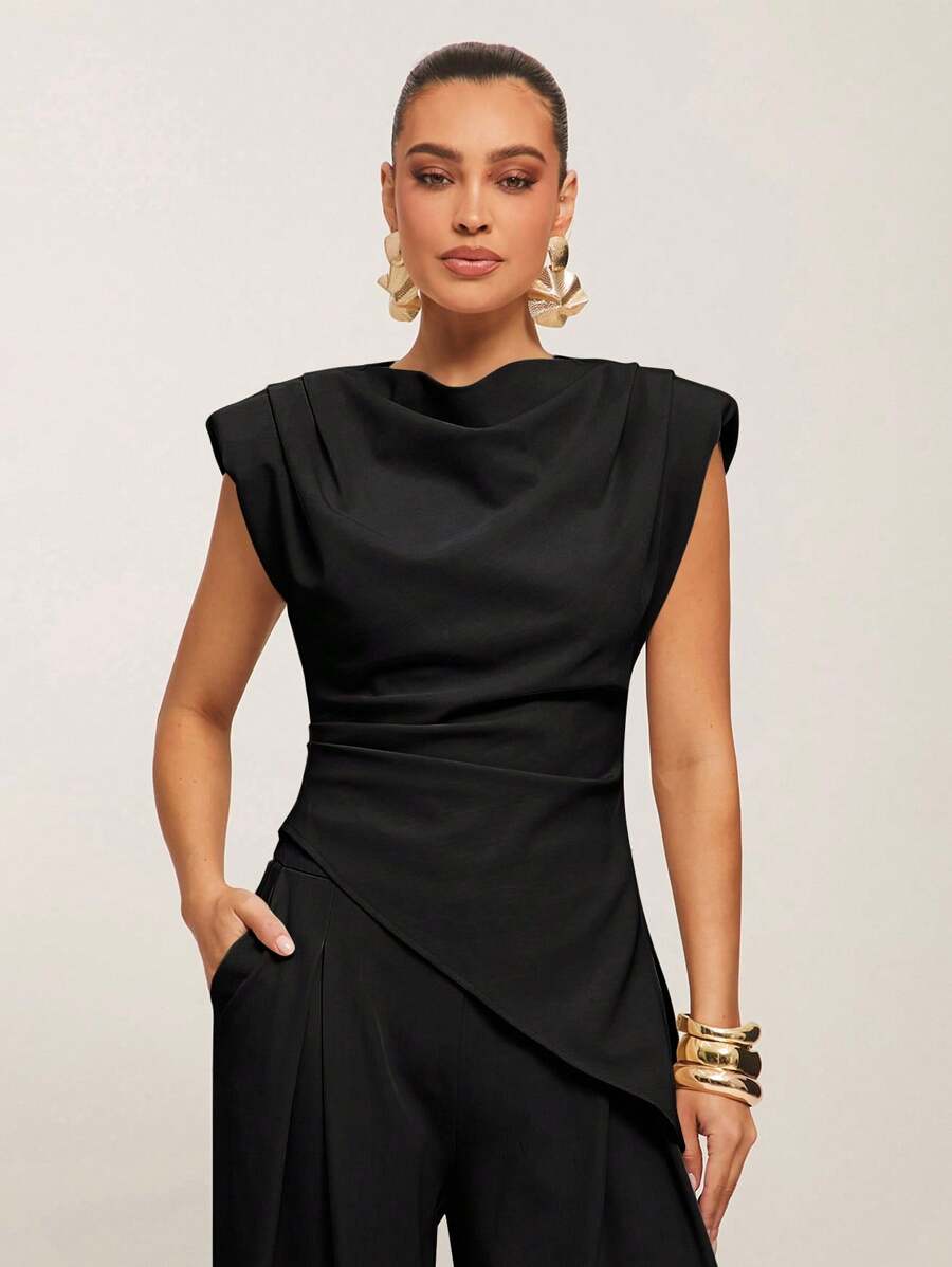 Silquee Women's Casual Solid Color Asymmetric Hem Wide Shoulder Top, Suitable For Work, Summer, Black Sleeveless Top Women Black Top Draped Top Classy Black Top Black Cowl Neck Top