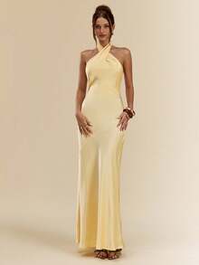 SHEIN BAE 性感简约纯黄色缎面抹胸露背连衣裙，适合派对、鸡尾酒会、正式场合、伴娘礼服、生日派对