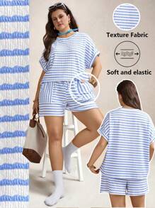 SHEIN LUNE Plus Size Women Striped Round Neck Batwing Sleeve Top And Shorts 2 Pieces Set,Blue And White Summer Smart Casual Holiday Office Outfits Fall Clothes - Blue and White - View 1