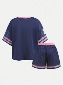 SHIEN Tween Girls 2 chiếc/Bộ Áo thun rộng cổ chữ V in hình cành ô liu tối giản giản dị và quần short Jersey, Bộ đồ thể thao mùa hè - Màu tím - Xem 2