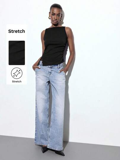 Maija Top sin mangas de mujer con cuello de barco, color negro, con hombros recortados. Top casual urbano versátil de unicolor con pliegues, bajo asimétrico y abertura lateral, apropiado también para uso de negocios casuales.