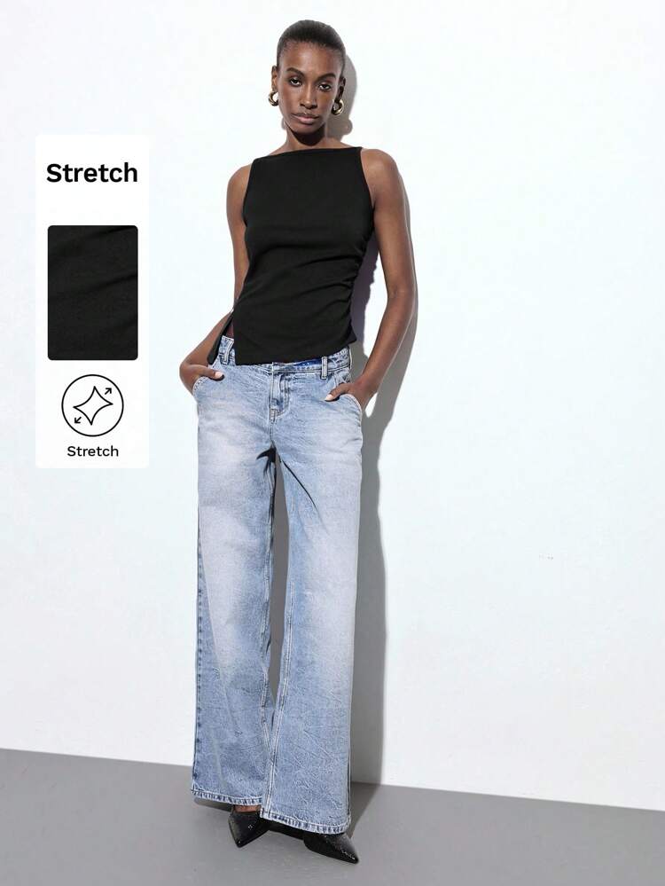 SHEIN Maija Women's Black Boat Neck Cutout Shoulder Tank Top, Fashionable Solid Color Ruched Asymmetric Hem Side Slit Versatile Casual Urban Top, Business Casual Sleeveless Top