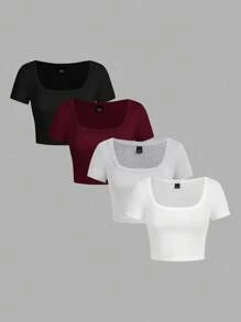 SHEIN EZwear 4 件套休闲简约黑色、深酒红色、灰色、白色圆领/方领短袖短款紧身 T 恤女款，适合夏季 - 彩色 - 查看 13