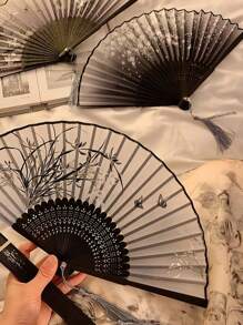 SHEIN 中国风折叠手扇便携式迷你黑色扇子舞蹈夏季清凉沙滩旅行