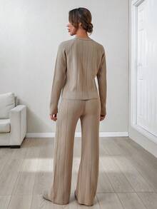 EURMUSE Women Solid Color Rib Knit Round Neck Drop Shoulder Pullover & Sweater Pants Set,Petite,Winter Clothes - Beige - View 6