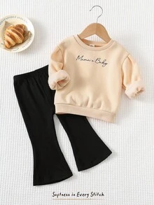 Cozy Pixies 2件套女婴蝴蝶结装饰圆领长袖上衣和阔腿裤 - 杏色 - 查看 2
