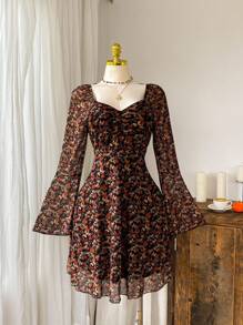 Comfortcana 大码休闲棕色枫叶印花长袖连衣裙，秋冬 - 彩色 - 查看 5