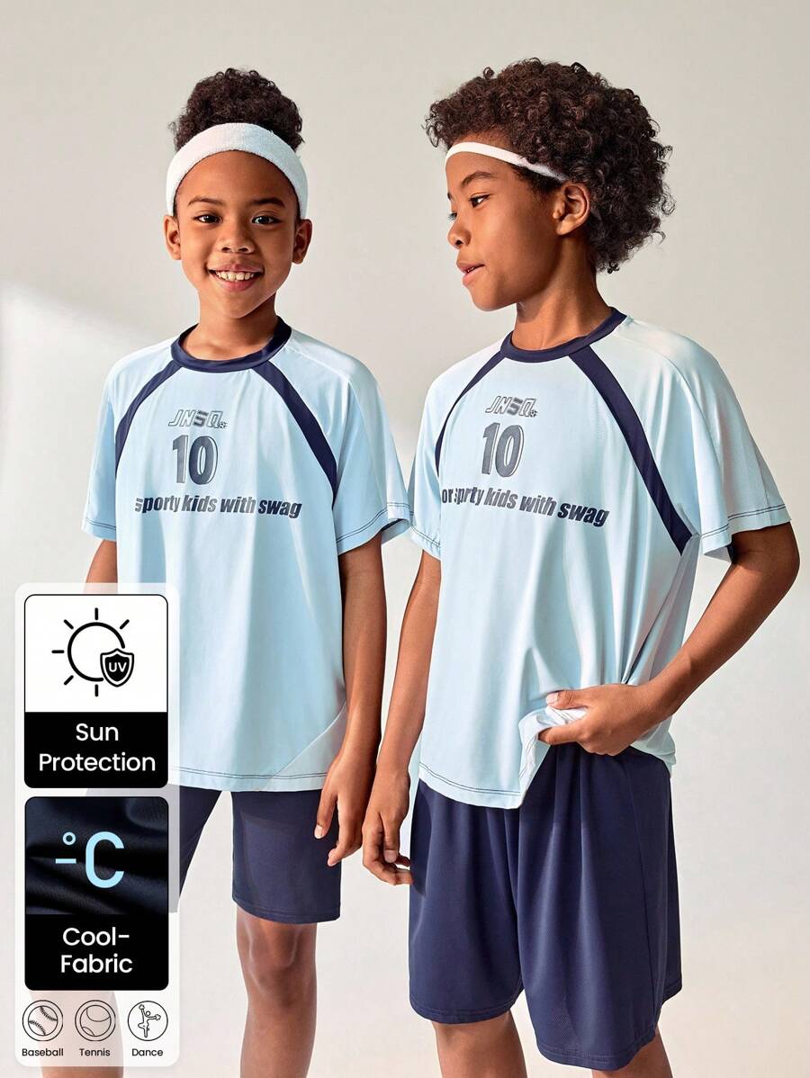 JNSQ Camiseta de manga corta para deportes al aire libre para volver a la escuela, camiseta gráfica de cuello redondo con bloqueo de color y estampado divertido para niños para deportes al aire libre