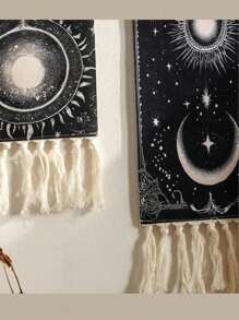 ROMWE Goth 1pc Decorative Tapestry ,Decorative Hanging Flag With Tassels,Bohemian Sun And Moon Hand-Woven Printed Pattern Fringed Tapestry, Simple Studio Living Room, Background Wall Decoration Holiday Gift Pendant,Home Decor - Black - View 5