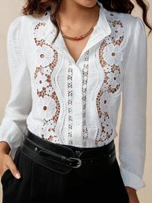 Florisole Women Elegant Commuting Casual Lace Patchwork White Long Sleeve Shirt All White Fall Cloth For Women