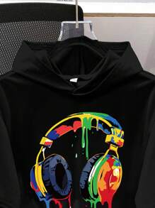 SHEIN Leap Crew Teen Boy Casual Graphic Print Short Sleeve Hoodie T-Shirt,Black Summer Streetwear Beach Music Headphone Graphic Hoodies Tee,Graphic Tshirts Hoodies - Black - View 3