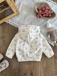 SHEIN Baby Girls Toddlers 0-3 Yrs Casual Hooded Fluffy Ditsy Floral Outerwear, Warm For Autumn/Winter Fall - Apricot - View 2