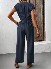 SHEIN LUNE Women's Solid Color Button V-Neck Wide Leg Loose Casual Jumpsuit