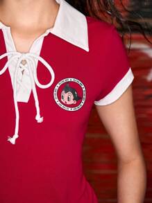Astro Boy X ROMWE Camiseta slim fit de verano para mujer con gráficos de dibujos animados y ribetes en contraste - Rojo - Ver 9