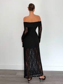 SHEIN Tall CURVE 大码新款优雅黑色蕾丝拼接连衣裙，性感蕾丝透视鸡尾酒会礼服，秋季婚礼宾客礼服 - 黑色 - 查看 2