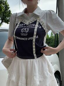 DAZY Retro American Colorblock Lace Decor Letter Print Short Sleeve T-Shirt - Navy Blue - View 7