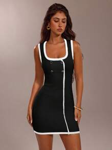 SHEIN Forever 21 夏季新款方领修身黑白撞色无袖针织迷你连衣裙