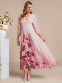 Amorya Women's Elegant V-Neck Waist Gathering High-End Slimming Chiffon Placement Print Long Dress, Suitable For Daily Outings, Vacation & Multi-Occasions, Autumn