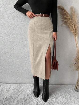 RueChic Women's Herringbone High Slit Skirt