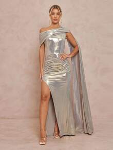 Lumalex Robe asymétrique à épaules dénudées, froncée, à ceinture, avec fente haute, métallique et brillante, avec dos nu pour femmes