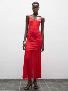 Lumivelle Women's Elegant Red Spaghetti Strap Long Dress With Ruched Bodice And Flowing Sheer Mermaid Hem, A Sophisticated Knitted Maxi For Evening Events. Summer Dress Clothes For University - Red - View 6