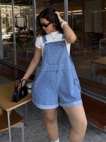 Dripcurv Plus Size Women's Summer Casual Streetwear Collegiate Style Flap Pocket Denim Bib Overall Shorts,Back To School