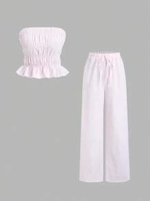 Sweetra 2 件套女士春季休闲风格蓝色条纹宽松短款上衣和阔腿裤 - 粉色 - 查看 1