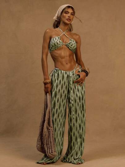 Musera Resort Printed Linen Look Tie Waist Wide Leg Trouser Ibiza, Holiday, Spring, Summer, Vacation, Beach, Cover Ups White Isle Graphic Abstract Print