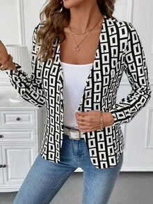 SHEIN Clasi Women's Casual Commuter Geometric Print Lightweight Jacket In Fall/Winter - Black and White - View 6