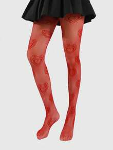 ROMWE Kawaii 1 双女士心形图案紧身裤，适合所有季节的连衣裙 - 紅色 - 查看 3