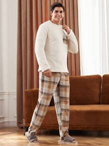 Manfinity Underwear&Sleepwear Basics Men's Casual Plaid Pocketed Fleece Loungewear Set, Home Outfit For Winter, Fall Winter Clothes, Fluffy Pajama, Cozy - Multicolor - View 7