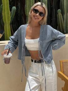 Livesso 女士夏季系带灯笼袖牛仔上衣、牛仔夹克、秋季女装 - 藍色 - 查看 3