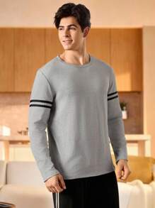 Men's Contrast Striped Long Sleeve Pajama Top - Grey - View 1