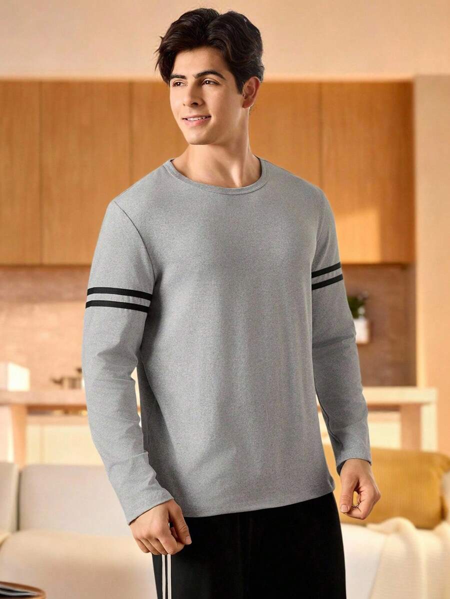 Men's Contrast Striped Long Sleeve Pajama Top - Grey - View 1