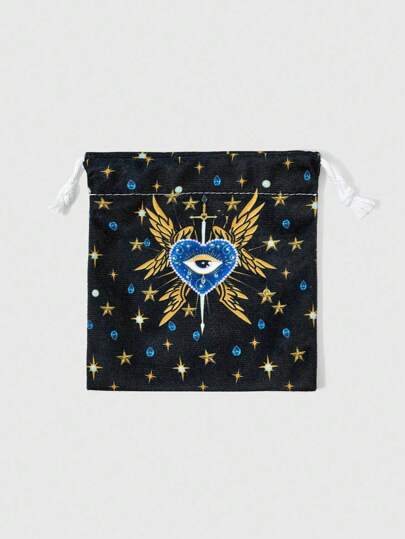 Grunge Punk 1pc Fashionable Embroidered Heart, Eye And Wing Pattern Drawstring Cosmetic Bag, Large Capacity Coin Purse