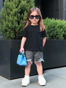 Young Girls' Summer Family Matching 2 Pieces Solid Short Sleeve Tee&Stonewashed Distressed Ripped Raw Hem Denim Jeans Cowgirl Outfit,Back To School - Black - View 5