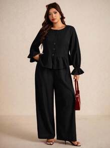 Elaquor 大码女式两件套纯色单排扣长袖荷叶边下摆衬衫和裤子，休闲装 - 黑色 - 查看 6