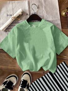 SHEIN Leap Crew ModeFlare Wear 男童休闲字母印花短袖圆领T恤，适合夏季穿着 - 薄荷綠 - 查看 3
