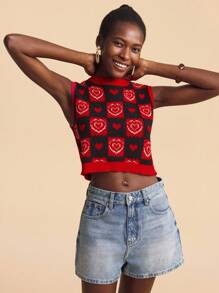 Travachic Women Round Neck Heart & Geometric Pattern Casual Knitted Tank Top,Fall Women ,Autumn ,Easter,Holiday,Beach For Woman,Vacation Women,Concert Women,BOHO,Bohemia,Music Festival,Tropical Vacation Woman, Romantic,Autumn ,Winter ,Christmas,Going Out Tops Women ,Going Out Tops,Casual,Cute - Multicolor - View 4