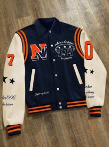 Manfinity Campus Court Men's Letter Print Contrast Color Long Sleeve Single Breasted Casual Rave Jacket For Autumn, Going Out Street Wear Baseball Color Block Jacket, For Friends, Husband, Boyfriend Gifts - Multicolor - View 1