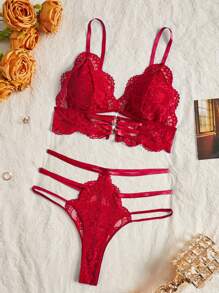 2pcs Set Lace Sexy Wireless Bra(Wireless Bra + Thong Panty) For Women Going Out - Burgundy - View 6