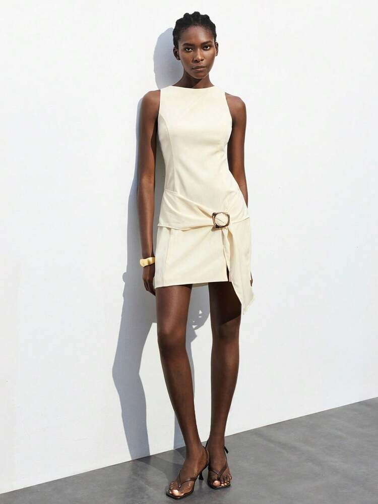 SHEIN Maija 女性用夏ソリッドカラーラウンドネックボタンデザインノースリーブエレガントショートドレス、女性用エレガントドレス、バターイエロートップ、ウェディングゲストドレス、女性用パーティーアウトフィット