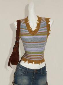 SHEIN ICON سترة مخططة مصنوعة من الأكريليك، بطراز عتيق، مناسبة للارتداء المنزلي، اليومي، والخروج، ملابس نسائية للخريف والشتاء