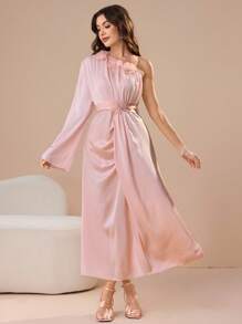 Modelyn Women's Long Asymmetrical Neck Dress With 3D Floral Decor - Pink - View 7