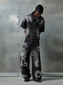 NEON BLANC Jeans casuales de corte holgado, de ajuste relajado, con patrón floral de rhinestones para hombre